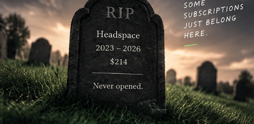 Illustrative Headspace tombstone in a mossy cemetery at sunset, from the approved Farewell Fee brand board